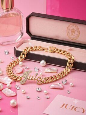 Juicy Couture Gold Tone Chain Bracelet with Crystal Logo Charm w/ Box
